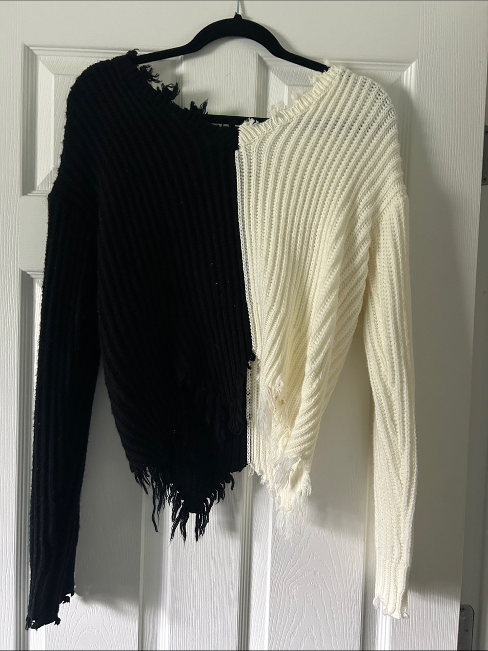 SHEIN Two-Tone Black & White Distressed Ribbed Sweater